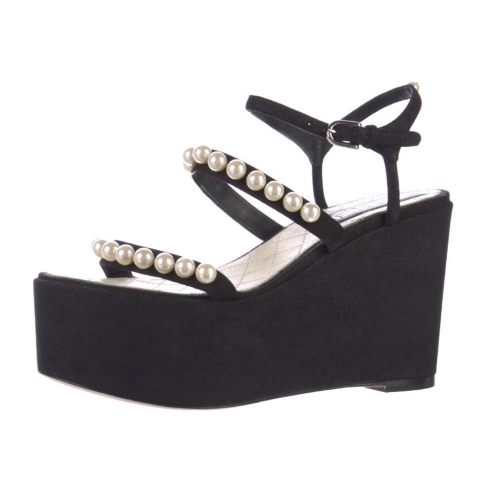 Chanel faux pearl platform wedge sandal heels